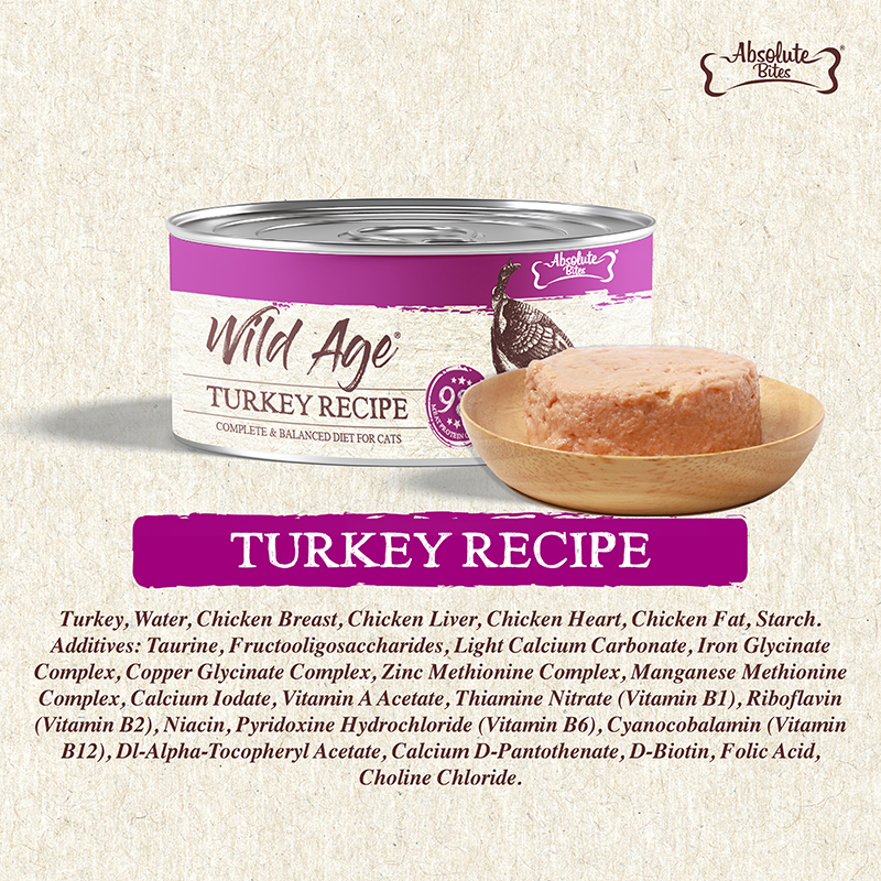 Absolute Bites Wild Age Complete & Balanced Diet Canned Cat Food - Turkey Recipe (80g) | Box of 6