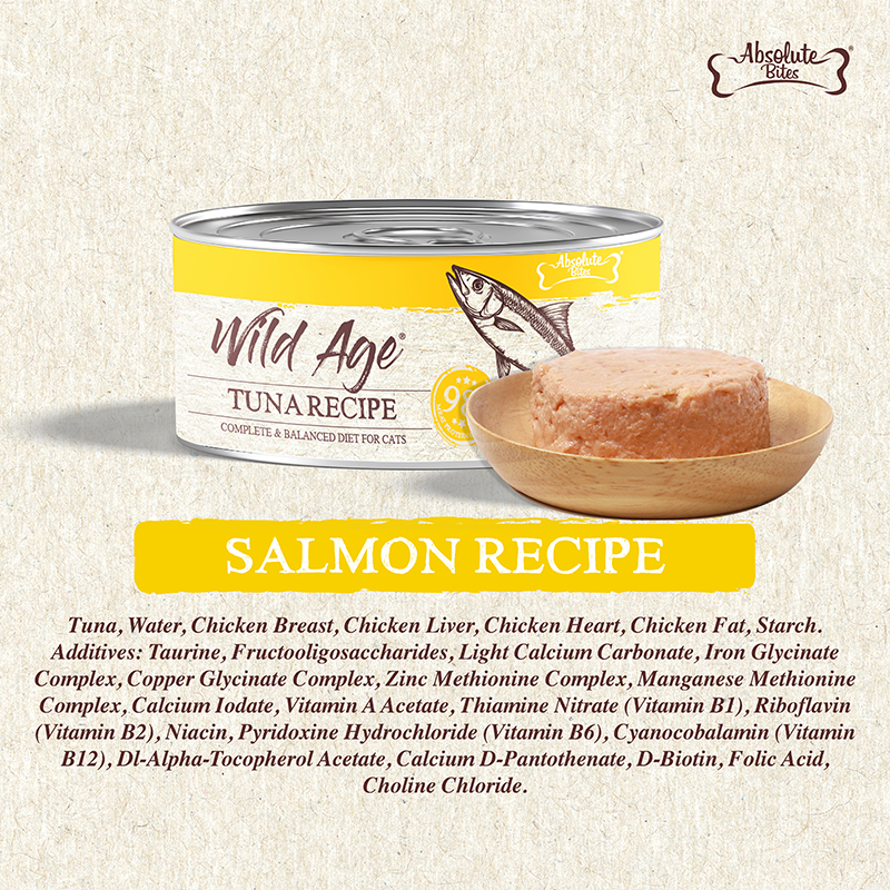 Absolute Bites Wild Age Complete & Balanced Diet Canned Cat Food - Salmon Recipe (80g) | Box of 6